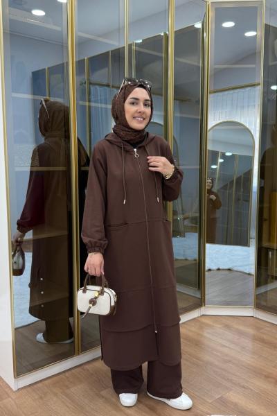 Aller Detaylı Kapüşonlu İkili Takım Kahverengi