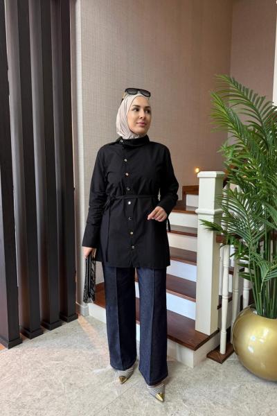 Asimetrik Yaka Gömlek Siyah