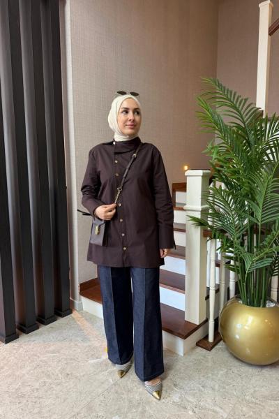 Asimetrik Yaka Gömlek Kahverengi