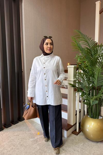 Asimetrik Yaka Gömlek Beyaz