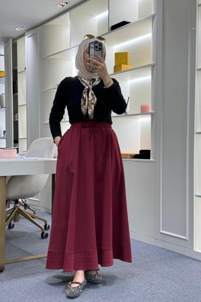 Dikiş Detaylı Beli Lastikli Etek Bordo
