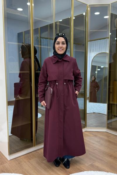 Fermuar Detaylı Maksi Boy Trençkot Bordo