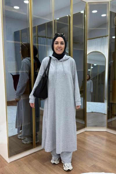 Kapüşonlu yırtmaçlı takım Gri Melanj