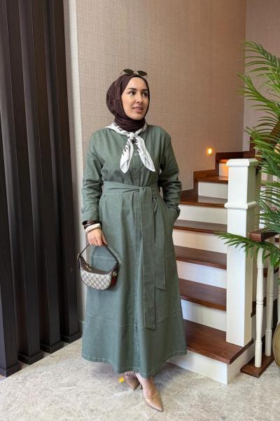 Kontrast Dikişli Kot Elbise Haki