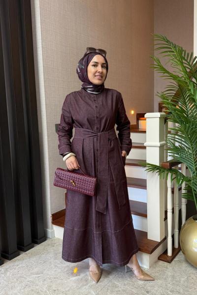 Kontrast Dikişli Kot Elbise Mürdüm