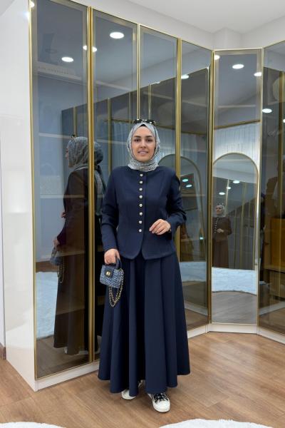 Kulp Detaylı Ceket Etekli Takım Lacivert