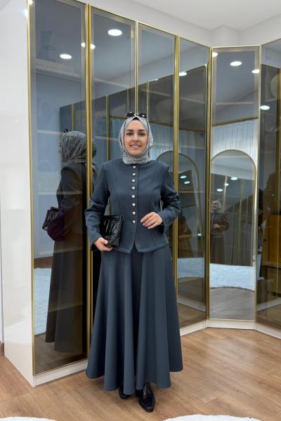 Kulp Detaylı Ceket Etekli Takım Antrasit