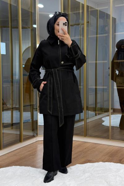 Pelerinli Gabardin Takım Siyah