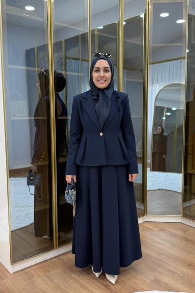 Pile Detaylı Ceket Etekli Takım Lacivert