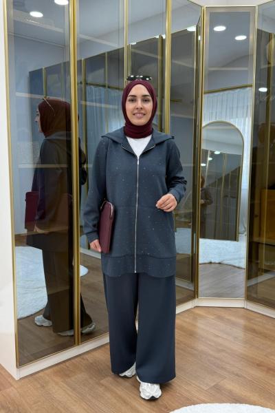 Taşlı Scuba Pantolon Takım Füme