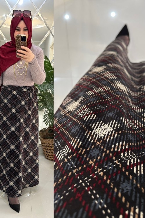 Afra etek örme penye kumaş ekoseli bordo Bordo