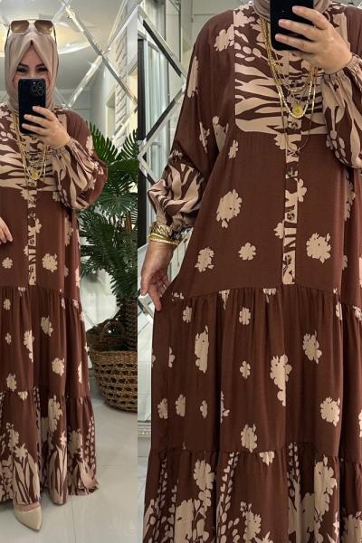 Alaçatı elbise viskon kumaş kahve Kahverengi