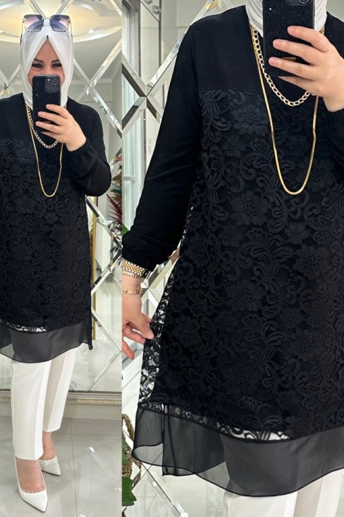 Ayşa tunik dantelli sandy kumaş  Siyah