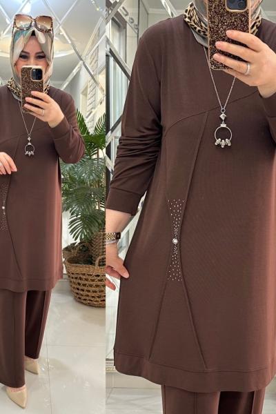 Belkıs takım qupra petek kumaş kahve Kahverengi