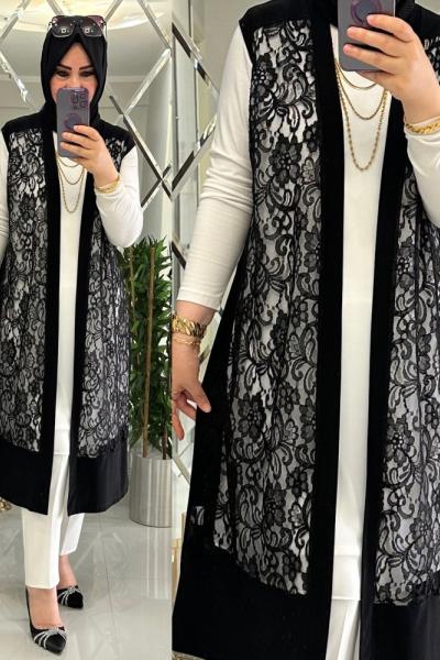 Eda dantelli yelek sandy kumaş  Siyah