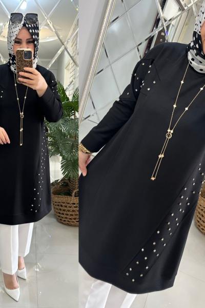 Elvan tunik taş süslemeli oyşo kumaş siyah  Siyah