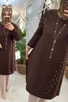 Elvan tunik taş süslemeli oyşo kumaş kahve Acı Kahve