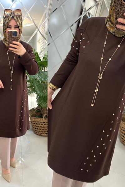 Elvan tunik taş süslemeli oyşo kumaş kahve Acı Kahve