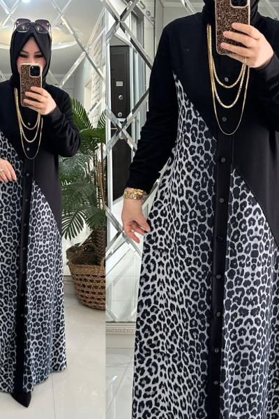Eyşan elbise leopar desenli beliz kumaş siyah/beyaz Siyah Kemik