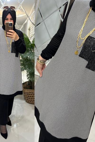 Filiz tunik kazayağı desen ikiiplik kumaş siyah  Siyah