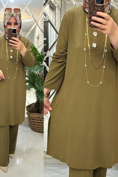 Gamze takım ipek triko yeşil Yağ Yeşili