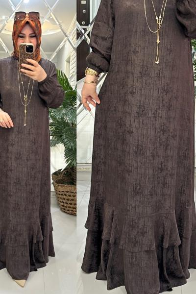 Lara elbise jakarlı qupra kahve Kahverengi