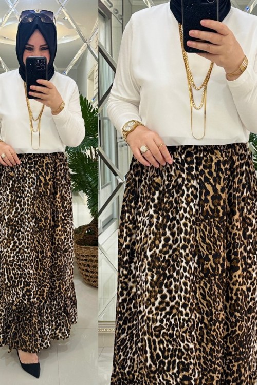 Leopar ince desen viskon kumaş etek Ekru Siyah