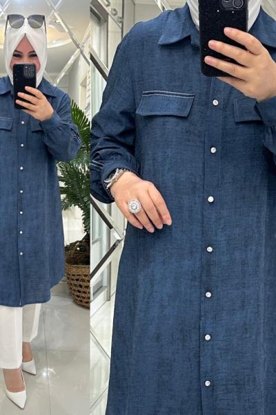 Miray gömlek keten kumaş mavi Mavi