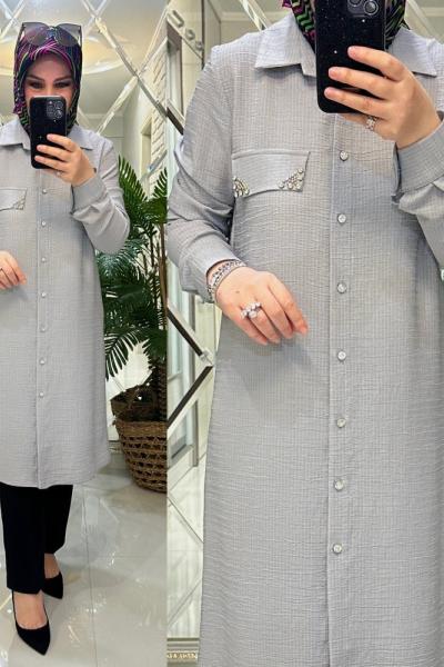 Monaco gömlek krinkıl krep kumaş gri Gri