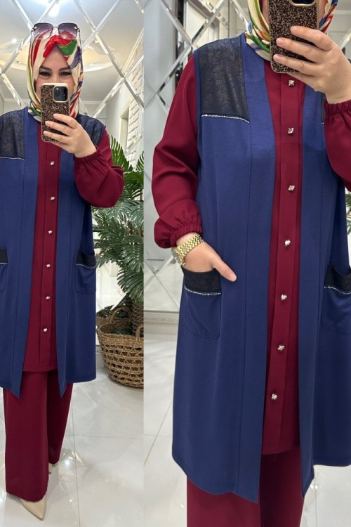 Nurcan yelek inci penye kumaş mavi Mavi