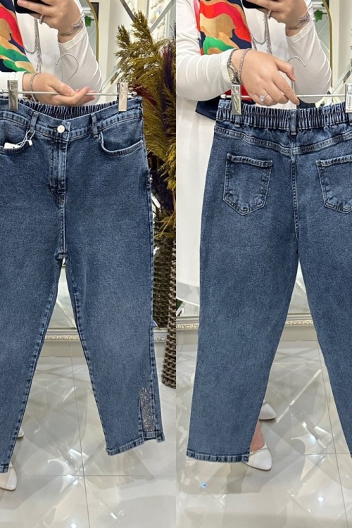 Paçası taş süslemeli kot pantolon  Mavi