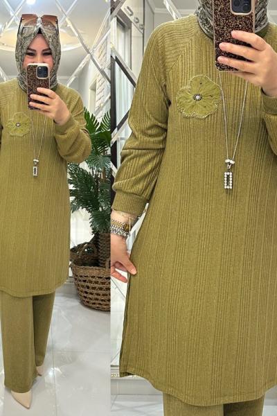 Sevde takım fitilli triko yeşil Yağ Yeşili