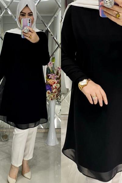 Şifonlu Penye Tunik Siyah