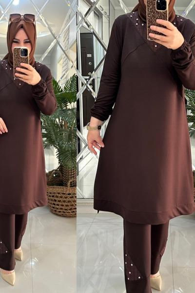 Tülay takım ikiiplik kumaş kahve Acı Kahve