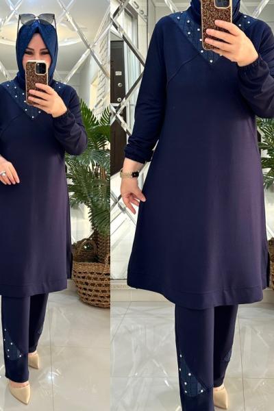 Tülay takım ikiiplik kumaş koyumavi Mavi