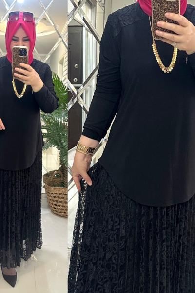 Zahra etekli takım sandy kumaş dantelli  Siyah