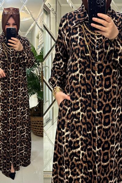 Zaide elbise leopar desenli viskon kumaş  Kahverengi