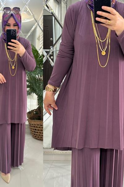 Zerrin takım piliseli sandy kumaş leylak  Eflatun