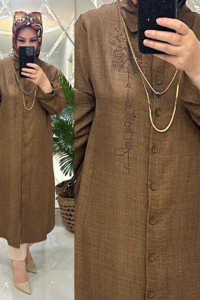 Zülal gömlek keten ayrobin kumaş kahve  Kahverengi