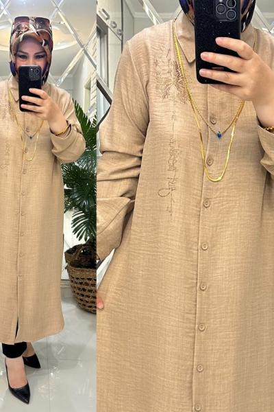 Zülal gömlek keten ayrobin kumaş bej Bej