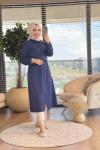 4368 Tencel Önden Düğmeli Uzun Tunik Lacivert
