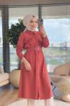 4368 Tencel Önden Düğmeli Uzun Tunik Kiremit