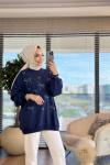 5753 Serpme Fiyonk Taş Baskılı Tunik Lacivert