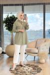 7242 Sağ Omuz Yaprak İnci İşleme Tencel Tunik Haki