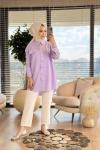 7242 Sağ Omuz Yaprak İnci İşleme Tencel Tunik Lila