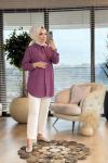 7248 Tencel Sağ Omuz İnci Çiçek İşlemeli Tunik Mürdüm
