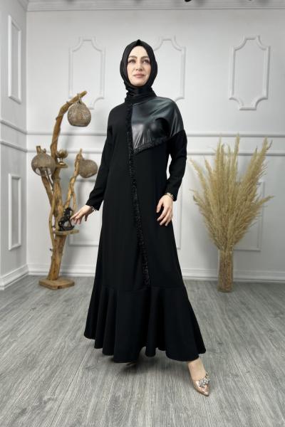 Saçaklı Deri Garnili Elbise