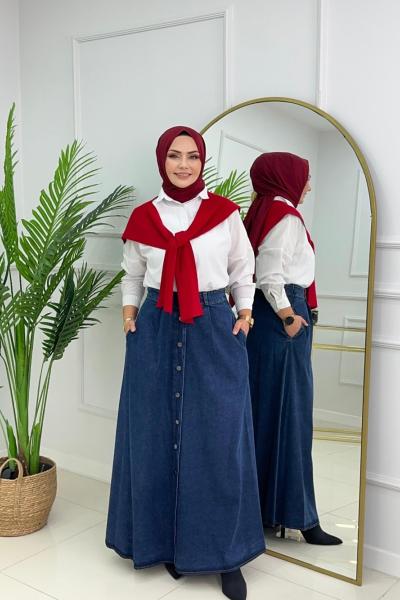 DÜĞMELİ DENİM ETEK - LACİVERT