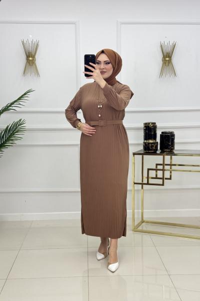 NAZLI PİLİSELİ ELBİSE-SÜTLÜ KAHVE